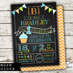 May include: A chalkboard style birthday invitation for a boy named Bradley. The invitation is decorated with colorful flags and a cupcake. The text reads "{B} is for Bradley my 1st birthday Join us to celebrate 18 April at 2 o'clock p.m. 12345 Brookview Blvd., Woodhaven, MI to Sherri at RSVP 987-654-3210 by March 31."