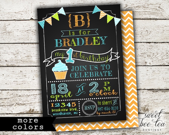 Baby Boys Birthday Invitation Invite Blue Orange Green Red - Printable Party Package - First 1st Birthday One Boy - Chalkboard Chevron