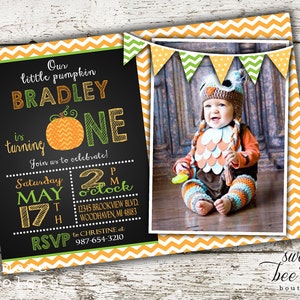 Boys Little Pumpkin Birthday Party Invitation - Photo Invite - Baby First 1st Birthday One - Chalkboard Chevron Green Orange - Digital File