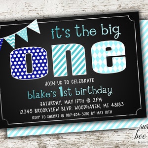 Baby Boys Blue Ombre Custom Birthday Invitation Invite - Printable Party Package - First 1st Birthday One - Chalkboard - Polka Dot Chevron