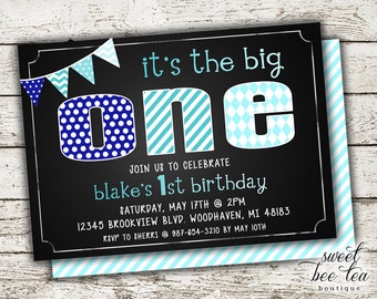 Baby Boys Blue Ombre Custom Birthday Invitation Invite - Printable Party Package - First 1st Birthday One - Chalkboard - Polka Dot Chevron