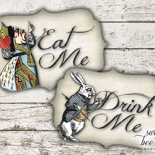 Alice in Wonderland Eat Me Drink Me Tags or Cupcake Toppers Printable - Birthday Baby Bridal Shower - Tea Party  - White Rabbit - Mad Hatter