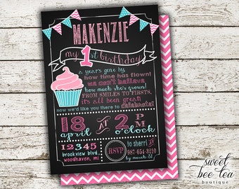 Baby Girls Birthday Invitation - Printable Invite - First 1st Birthday One Girl - Chalkboard - Polka Dot Chevron - Bunting Flags