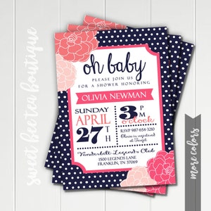 Oh Baby Shower Invitation - Boy or Girl - Printable Invite - Polkadot Dot Flowers Floral - Navy Aqua Turquoise Coral Pink - Digital File