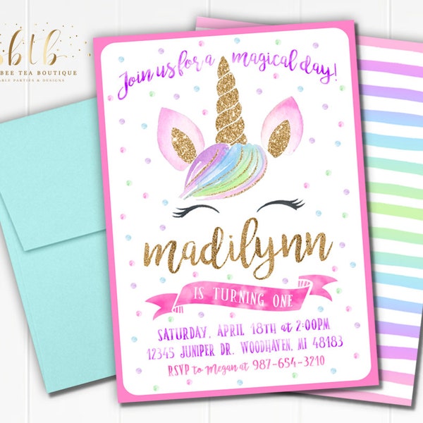 Unicorn gezicht verjaardag uitnodiging - afdrukbare foto Invite - gouden Rainbow Glitter aquarel digitaal bestand meisjes eenhoorns nodigt uitnodigingen