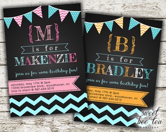 Boy or Girl Birthday Invitation - Any Age - Printable Invite - Chevron Pink Blue Orange - Bunting Flags - Chalkboard