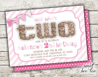 Baby Girl Pink & Gold Ombre Custom Birthday Invitation - Printable Invite - Second 2nd Birthday Two - Chalkboard - Polka Dot Chevron Flags