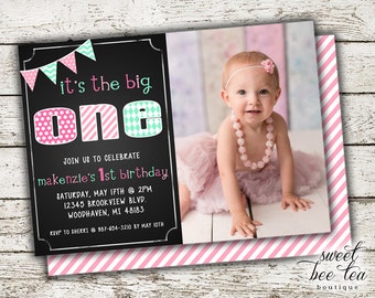 Baby Girls Birthday Photo Invitation Pink Mint - Printable Invite - First 1st Birthday One Girl - Chalkboard - Polka Dot Chevron - Picture