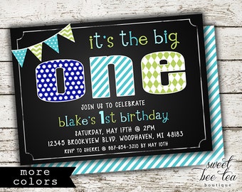 Baby Boys Birthday Invitation Invite Blue Green Red - Printable Party Package - First 1st Birthday One Boy - Chalkboard - Polka Dot Chevron