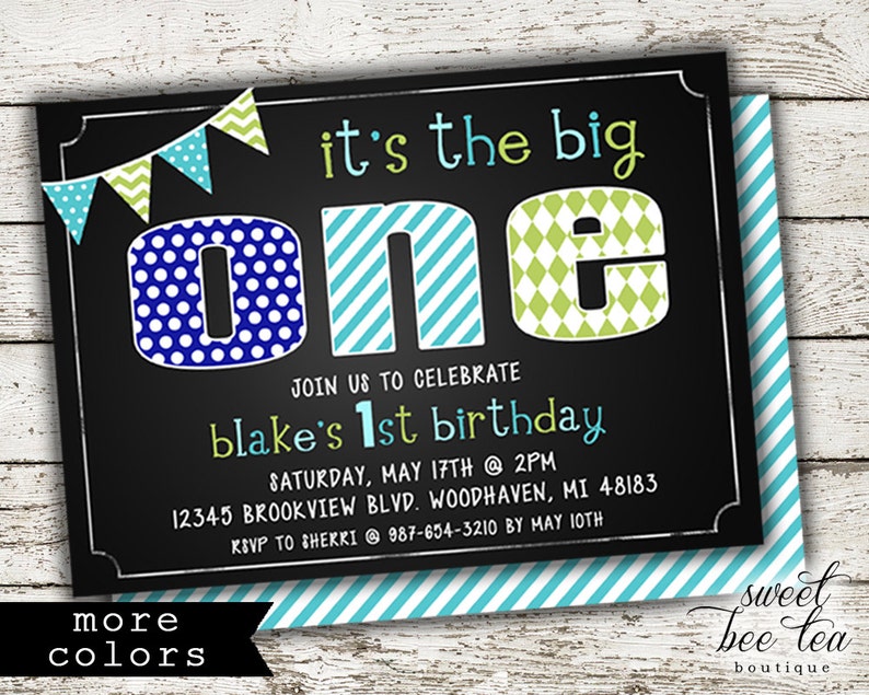 Baby Boys Birthday Invitation Invite Blue Green Red Printable Party Package First 1st Birthday One Boy Chalkboard Polka Dot Chevron image 1