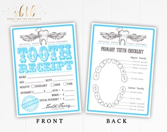 Printable Tooth Fairy Receipts Blue - Digital File - New Baby Kids Children Gift Boy or Girl - Teeth Dentist - First Lost Tooth Keepsake