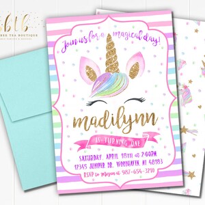 Unicorn gezicht verjaardag uitnodiging - afdrukbare foto Invite - gouden Rainbow Glitter aquarel digitaal bestand meisjes eenhoorns nodigt uitnodigingen