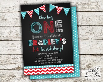 Baby Boy or Girl Birthday Invitation background - Printable Invite - First 1st Birthday One - Chalkboard - Polka Dot Chevron - Bunting Flags