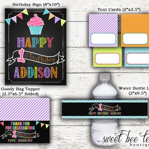 May include: Printable 1st birthday party decorations in a rainbow color scheme. The set includes a sign that says "Happy 1st Birthday Addison", tent cards, a goody bag topper, and a water bottle label.