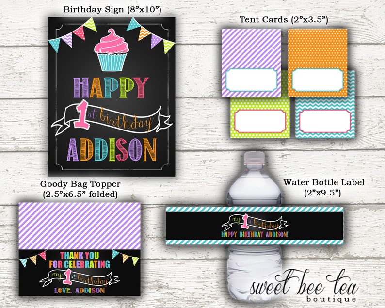 May include: Printable 1st birthday party decorations in a rainbow color scheme. The set includes a sign that says "Happy 1st Birthday Addison", tent cards, a goody bag topper, and a water bottle label.