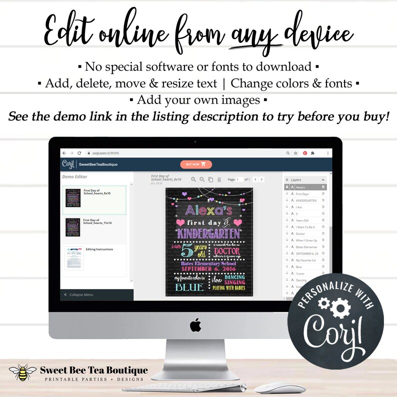 Puede incluir: Una pantalla de ordenador que muestra un sitio web con un cartel personalizable para el primer d&iacute;a de jard&iacute;n de infancia. El cartel es rosa, morado y azul con el texto "Alexa's first day of kindergarten" y "I am 5 years old. I want to be a doctor." El cartel tambi&eacute;n incluye la fecha "September 6, 2016" y los colores favoritos del ni&ntilde;o, "blue", y las actividades, "dancing and playing with babies".