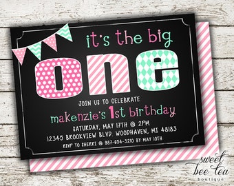 Baby Girls Birthday Invitation Pink Mint - Printable Invite - First 1st Birthday One Girl - Chalkboard - Polka Dot Chevron - Bunting Flags