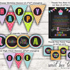 May include: Printable set of first birthday party decorations in a rainbow color scheme. Includes a banner with the word "Happy" in colorful letters, cupcake toppers with the number "1", "Addison", "Happy Birthday", and "A", a mini high chair banner with the word "One", and thank you note cards and favor tags with the text "Thank You!" in various colors.