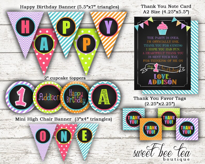 May include: Printable set of first birthday party decorations in a rainbow color scheme. Includes a banner with the word "Happy" in colorful letters, cupcake toppers with the number "1", "Addison", "Happy Birthday", and "A", a mini high chair banner with the word "One", and thank you note cards and favor tags with the text "Thank You!" in various colors.