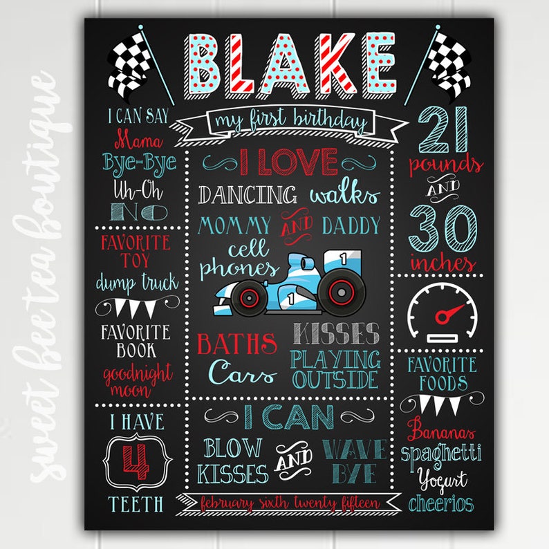 Race Car Theme 1st First Birthday Chalkboard Poster Board Etsy