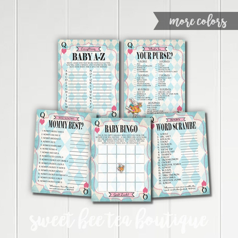 Alice in Wonderland Printable Baby Shower Games Bingo Word Scramble Who Knows Mommy Best What's In Your Purse Blue Mad Tea Party image 1