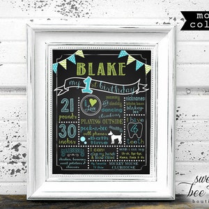 May include: A chalkboard style printable birthday sign for a boy's first birthday. The sign is decorated with blue and green bunting and features the name Blake, along with details about his first year, including his weight, height, and favorite activities. The sign also includes a cute illustration of a dog.