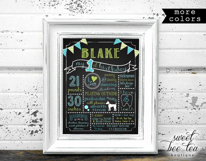 May include: A chalkboard style printable birthday sign for a boy's first birthday. The sign is decorated with blue and green bunting and features the name Blake, along with details about his first year, including his weight, height, and favorite activities. The sign also includes a cute illustration of a dog.