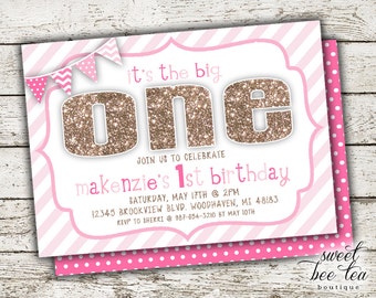 Baby Girl Pink & Gold Ombre Custom Birthday Invitation - Printable Invite - First 1st Birthday One - Chalkboard - Polka Dot Chevron Flags