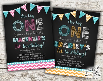Baby Boy or Girl Birthday Invitation - Printable Invite - First 1st Birthday One - Chalkboard - Polka Dot Chevron - Bunting Flags