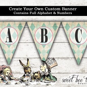 Boys Girls Alice in Wonderland Printable Banner - First 1st Birthday Invitation - Tea Party - White Rabbit Queen of Hearts Mad Hatter
