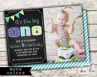 Boys Birthday Photo Invitation Invite Blue Green Red - Printable Party Package - First 1st Birthday One Boy - Chalkboard Chevron - Picture