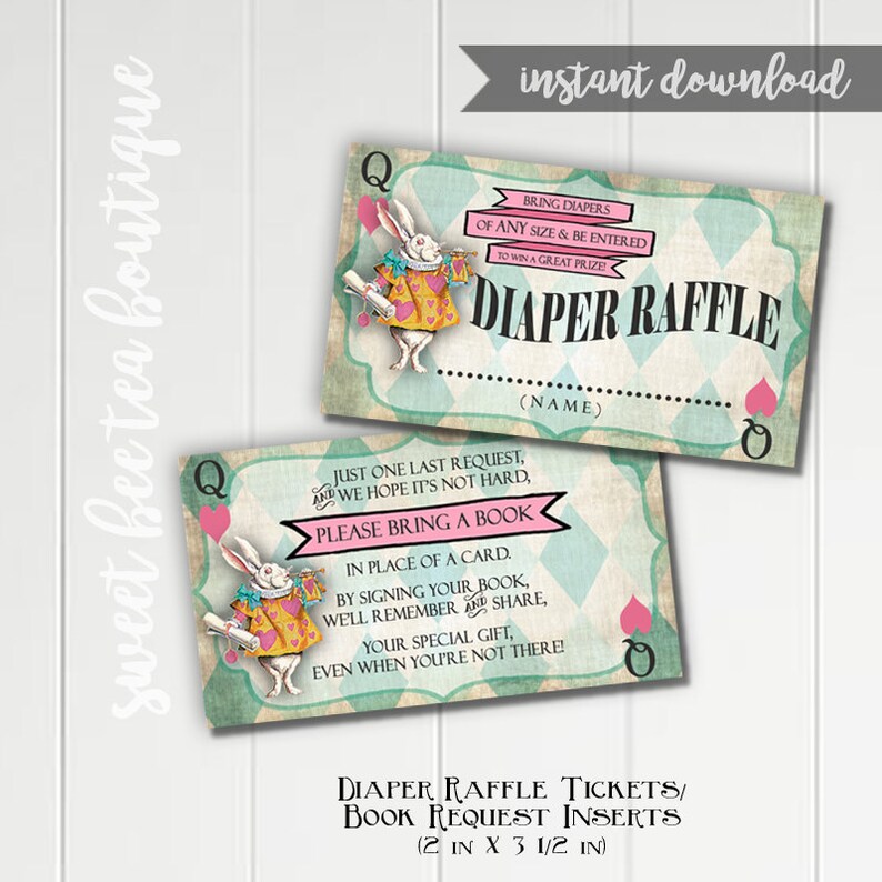 Alice in Wonderland Baby Shower Invitation Inserts Boy or Girl Printable Book Request & Diaper Raffle Tickets Green Mad Tea Party image 1