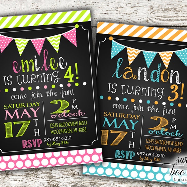 Niño o niña cumpleaños invitación - cualquier edad - invitación imprimible - Chevron rosa verde azul naranja - bunting banderas - rayas de pizarra Polka punto