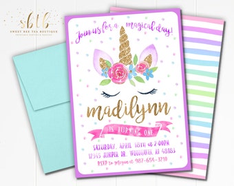 Unicorn Face Birthday Invitation - Printable Photo Invite - Gold Rainbow Glitter Watercolor Digital File Girls Unicorns Invites Invitations