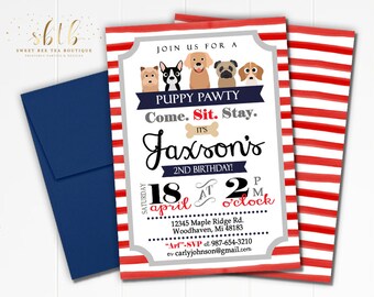 Puppy Pawty - Puppy Party - Baby First Birthday Invitations - Boy Girl - Printable Invite - Watercolor Stripes - 1st 2nd 3rd 4th 5th 6th 7th