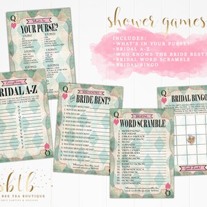 Alice in Wonderland Printable Bridal Shower Games - Bingo - Word Scramble - Who Knows Bride Best - What&#39;s In Your Purse  Green Mad Tea Party