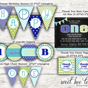 Baby Boys Birthday Invitation Invite Blue Green Red Printable Party Package First 1st Birthday One Boy Chalkboard Polka Dot Chevron image 2