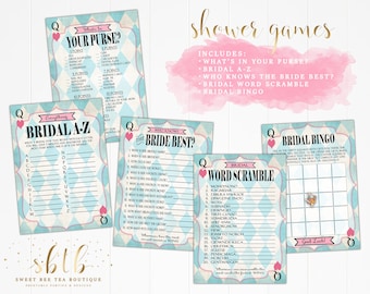Alice in Wonderland Printable Bridal Shower Games - Bingo - Word Scramble - Who Knows Bride Best - What's In Your Purse - Blue Mad Tea Party