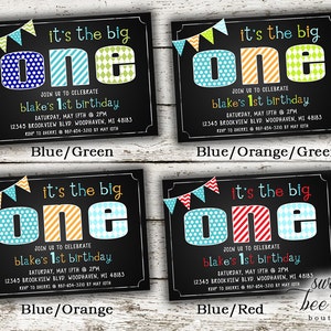 Baby Boys Birthday Invitation Invite Blue Green Red Printable Party Package First 1st Birthday One Boy Chalkboard Polka Dot Chevron image 4