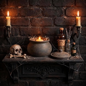 May include: A dark shelf holds a central gray ceramic cauldron with a lit candle, flanked by two wall-mounted candle holders with burning candles. A human skull, a bone, three glass apothecary bottles, and a ceramic lid are arranged nearby.