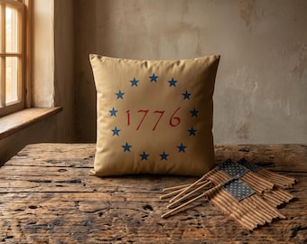 Primitive 1776 Americana Pillow – Hand Stenciled Farmhouse Accent