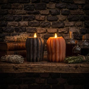 May include: Two pumpkin-shaped candles with vertical ridges, one black and one orange, each featuring a glowing LED flame on top. The candles are positioned on a wooden surface alongside two bundles of dried herbs and two glass bottles.