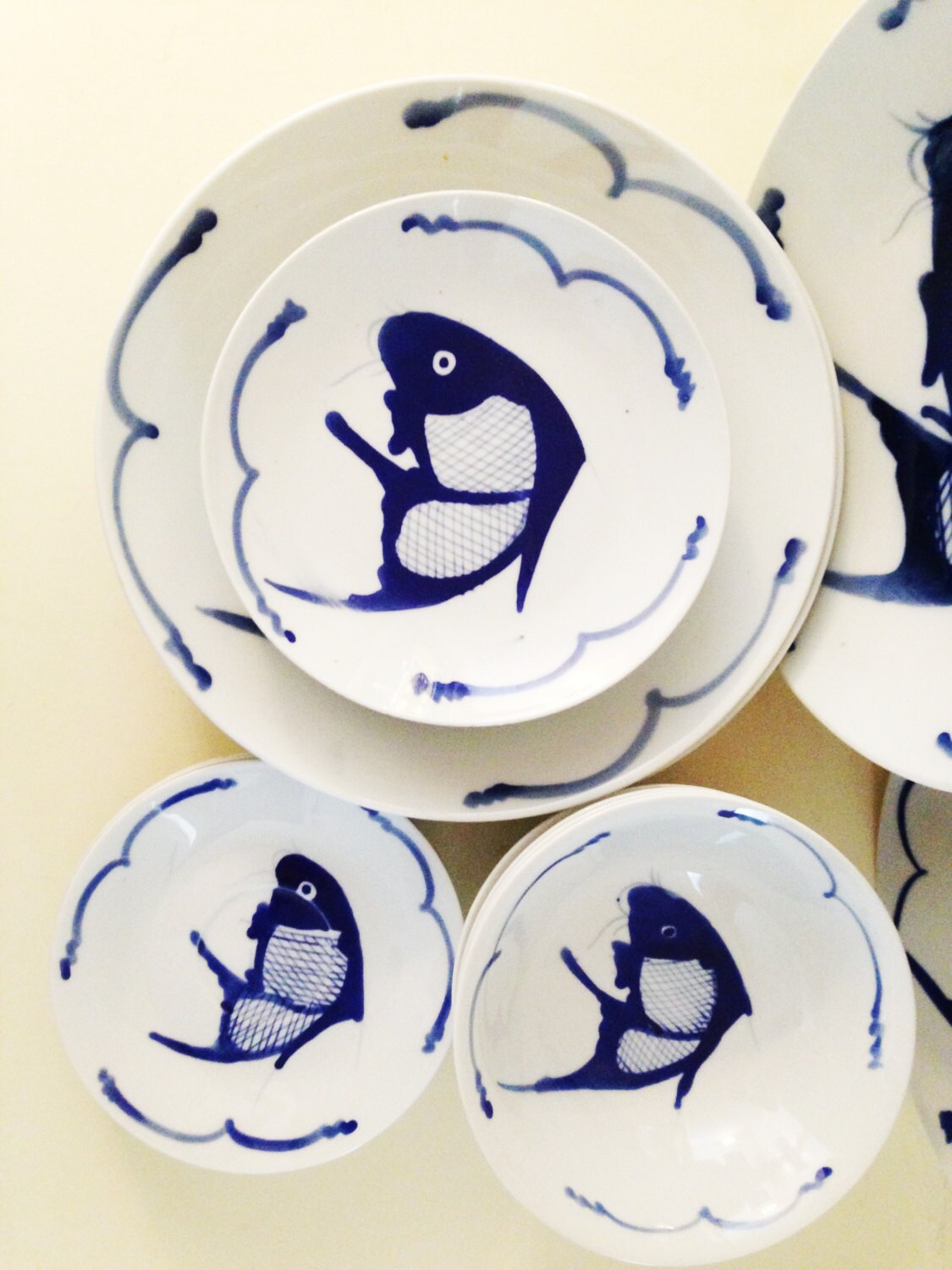 Chinoiserie Blue and White Koi Fish Dish Set Plates Bowls Hand Etsy