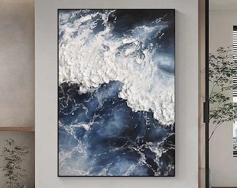 Large Abstract Ocean Wave Painting, Textured Wall Art