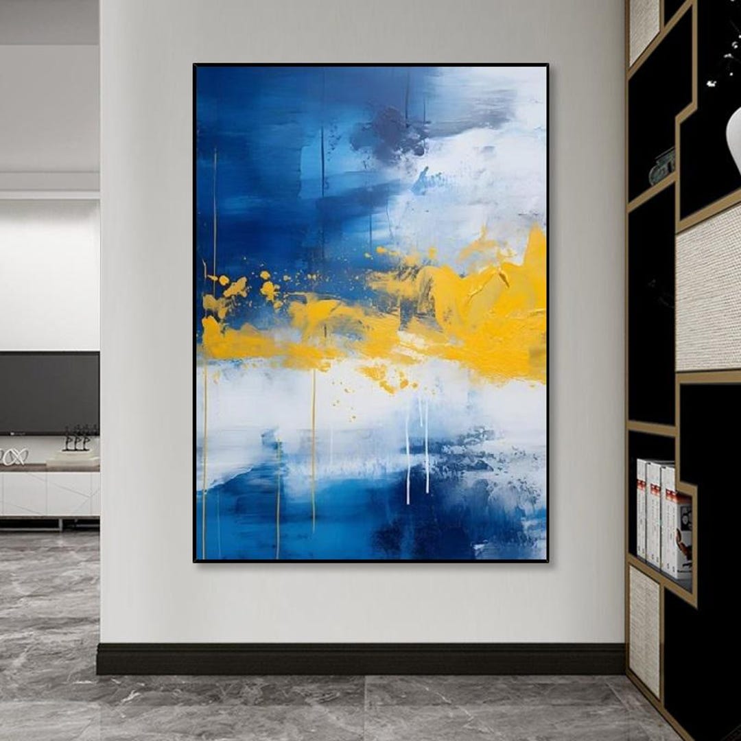 Large Abstract Oil Painting on Canvas, Blue and Gold Wall Art - Etsy