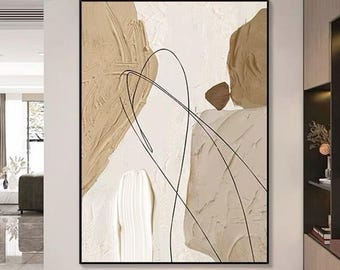 May include: A rectangular wall art piece featuring a textured cream and beige background with thick, layered paint strokes in shades of tan and white. The composition is accented by thin, black, continuous hand-drawn lines that loop across the surface.