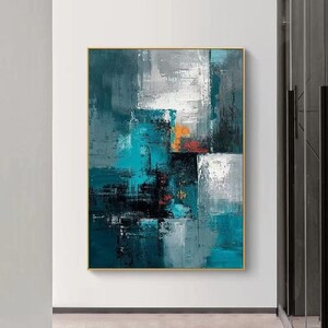 Large Teal Abstract Painting on Canvas, Modern Wall Art - Etsy