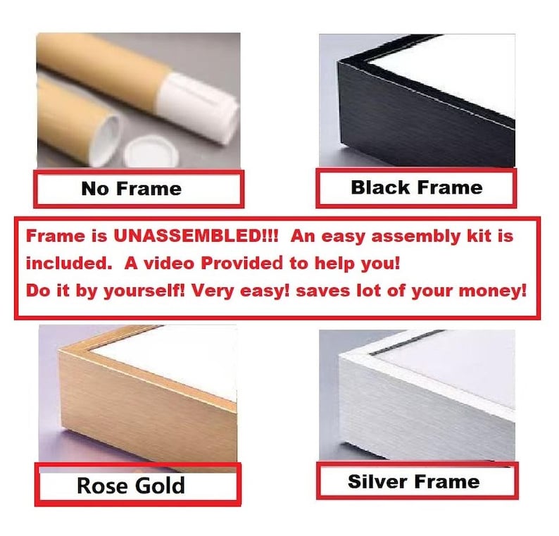 Op de afbeelding: Een productoverzicht met vier opties: een kartonnen verzendkoker met het label No Frame, een zwart frame, een ros&eacute;gouden frame en een zilveren frame. De tekst luidt: Frame is UNASSEMBLED!!! An easy assembly kit is included.
