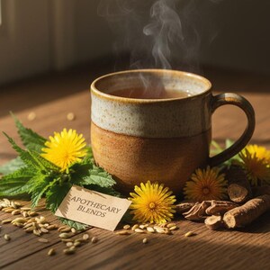May include: A ceramic mug filled with a steaming hot beverage, surrounded by bright yellow dandelion flowers, green leaves, scattered seeds, and woody root pieces. A small rectangular tag displays the text APOTHECARY BLENDS in black ink.