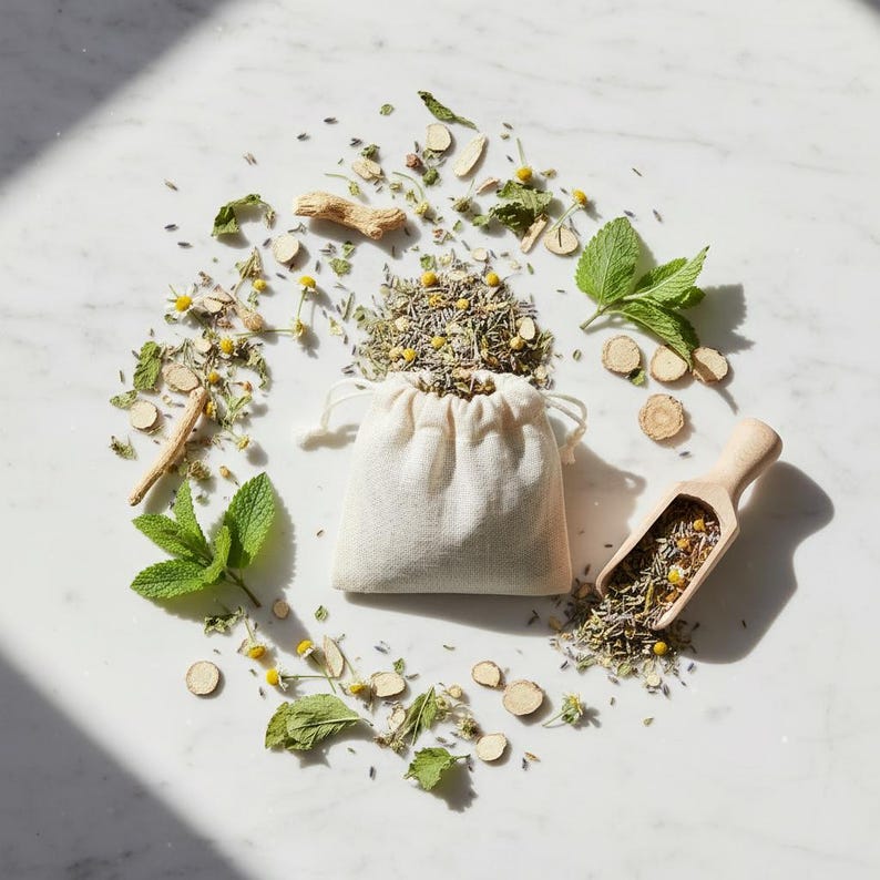 May include: A small, off-white drawstring bag filled with dried herbs and flowers, surrounded by loose leaves, chamomile, and mint. A wooden scoop holds more of the herbal mixture. The arrangement is on a white marble surface.